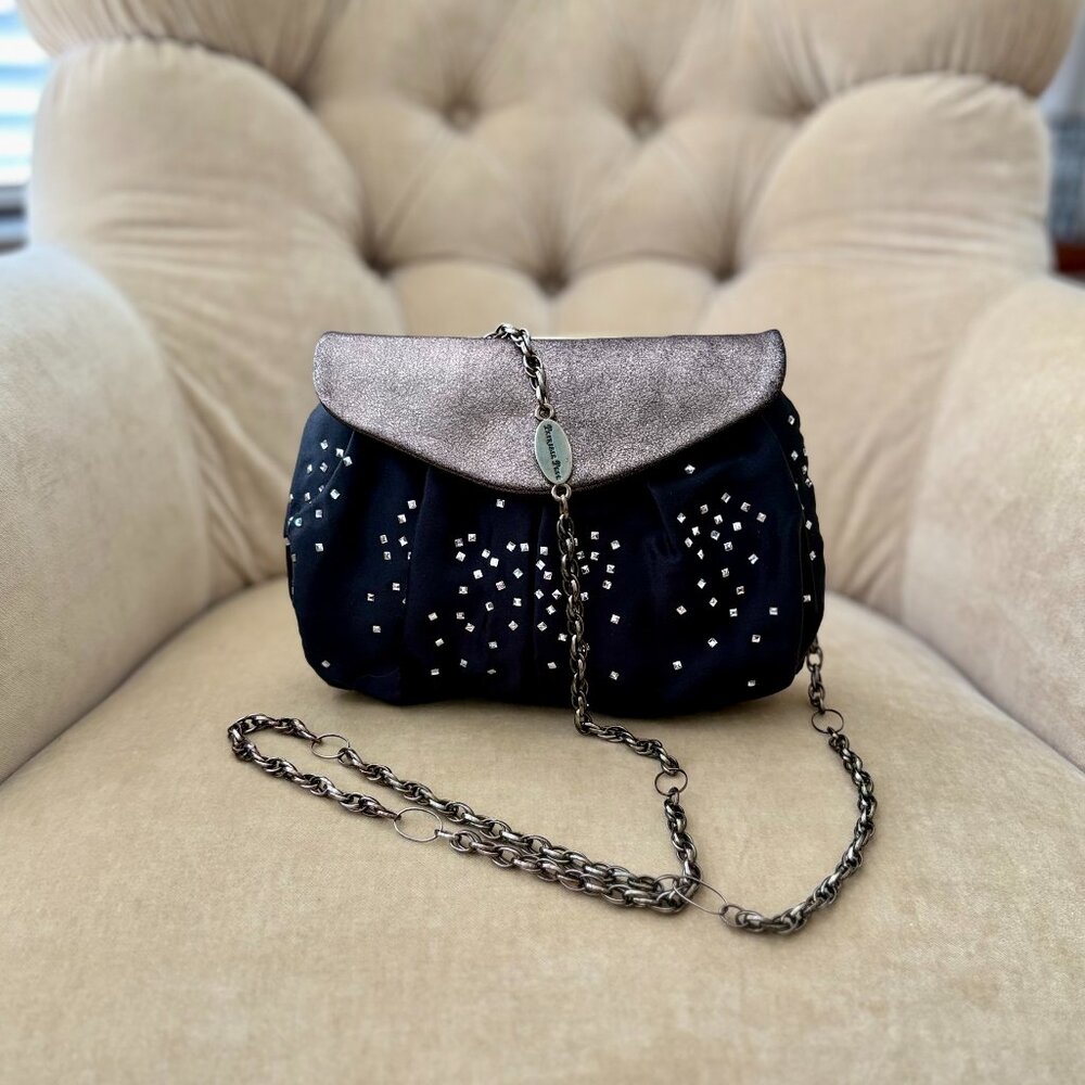 Auth. PATRIZIA PEPE Italy Black Satin & Crystal Minaudiere Evening Bag